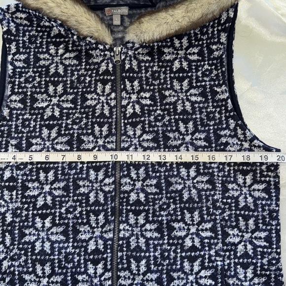 Talbots Navy Blue Nordic Fair Isle Snowflake Sweater Vest Fur Trim Hood Zip Up - Picture 9 of 13
